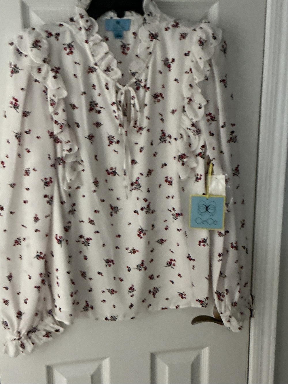 CeCe Cream Blouse with Red Floral Ruffle Neck